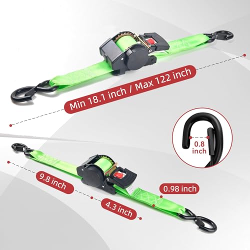 Retractable Ratchet Tie-Down Straps 1" x 10ft, 1800 lbs, Heavy Duty