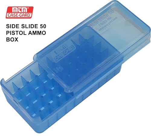 50-Round Pistol Ammo Storage Box - Side Slide Design - Clear Blue