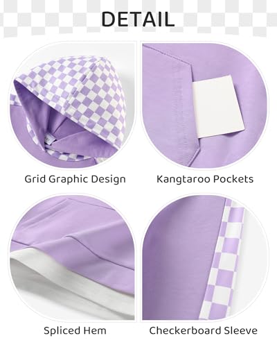 Girls Checkered Hoodie for Ages 4-12, Long Sleeve Pullover, Purple, 7-8 Years