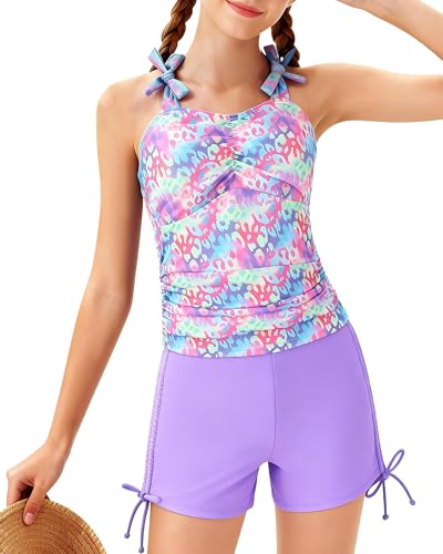 Girls Tie-Strap Tankini Swimsuit with Drawstring - 13-14 Years Purple