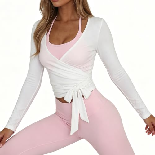 Women Ballet Wrap Top Small White - Long Sleeve Yoga & Dance Shirt for Workout