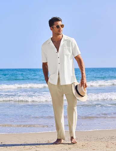 COOFANDY Men's 2-Piece Linen Beach Outfit - Large White Shirt & Khaki Pants Set
