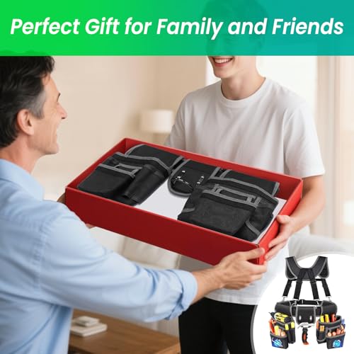 Tool Belt With Suspenders, Heavy Duty Magnetic Tool Belts for Men with 18 Pockets, Tool Belt with Adjustable 32 to 66 Inches Detachable Waist for Electricians, Carpenters, Framers, Black-Grey