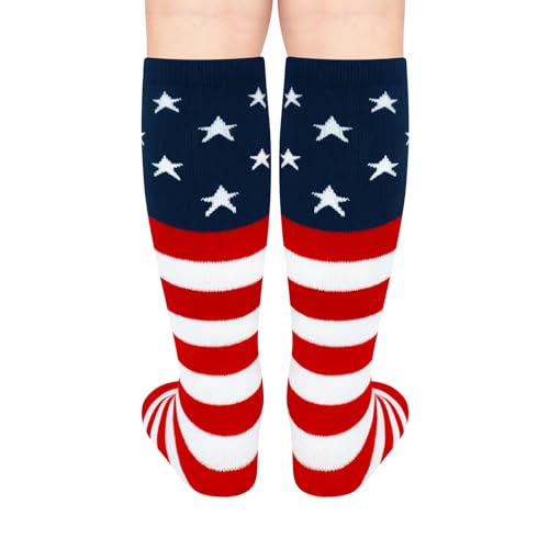 Kids Soccer Socks with Stripes - Toddler Knee High - American Flag, 6-9 Years