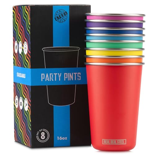 Real Deal Steel Rainbow 16 oz Pint Cups, 8 Pack - Stackable Stainless Steel