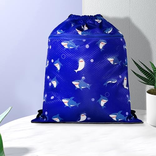Gym Drawstring Backpack for Kids - Waterproof Blue Shark