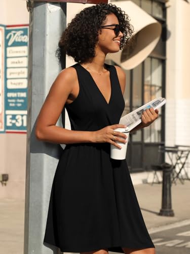 CATHY Women's V Neck Sleeveless Dress with Pockets - Summer Sundress, Medium Black, S-2XL