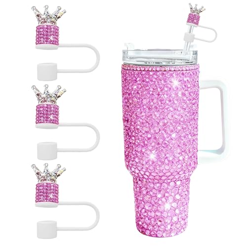 Crown Diamond Straw Toppers for Stanley Cup - Hot Pink Bling Set