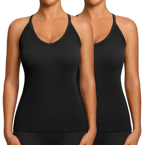 Missclub 2-Pack Women’s Workout Tank Tops with Built-in Bra, V-Neck Ribbed, Set B, Medium