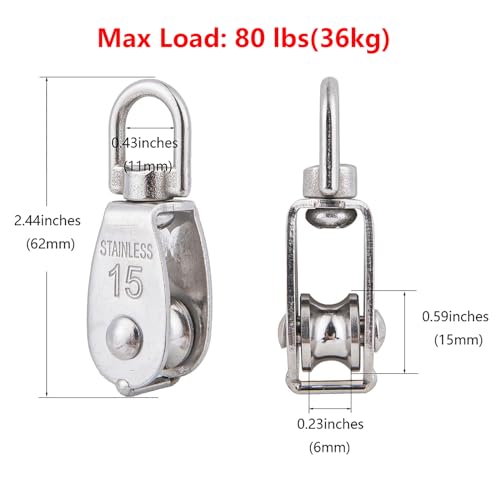 304 Stainless Steel M15 Single Swivel Pulley Blocks - 2 Pack
