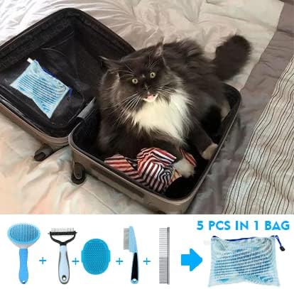 Skiennix Dog Brush Grooming Kit - 5-Piece Set for Shedding, Flea Comb & Slicker Brush | Blue