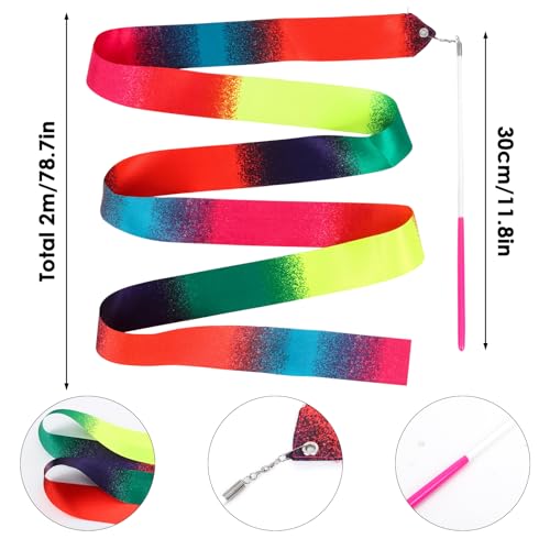 2Pcs Colorful Dancing Ribbons with Wands - Neon Rainbow Gradient