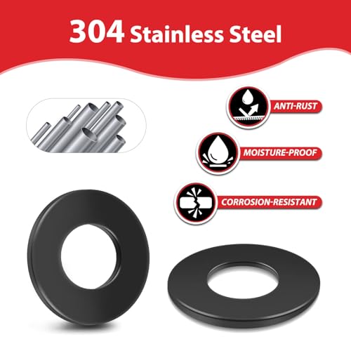 100PCS 1/4'' x 5/8'' SAE Black Flat Washers 304 Stainless Steel Universal Flat Washer, 1.5mm Thick