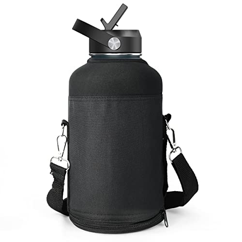 BUZIO 64oz Insulated Water Bottle Sleeve with Strap - Black, Durable & Portable