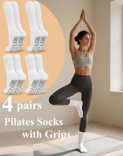 Darller White 4 Pairs Pilates Socks for Women Non Slip Yoga Slouch Socks