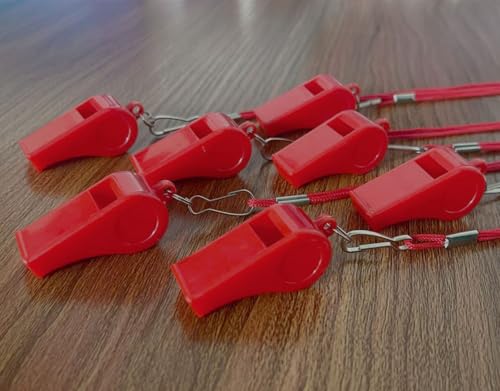 Red Plastic Sports Whistles with Lanyard - 20 Pack Referee & Emergency Use