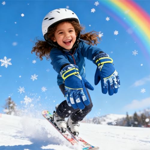 Kids Winter Ski Gloves - Windproof Water-Resistant Warm Mittens - Blue, Medium