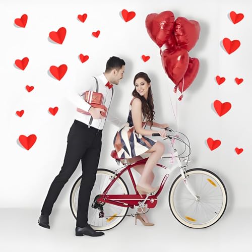 72 Pcs Valentine's Day Wall Decoration, 3D Heart Valentine Wall Stickers, Waterproof Wall Decals, for Wedding Anniversary Party Bedroom School Office Valentine's Day Decorations (Red)