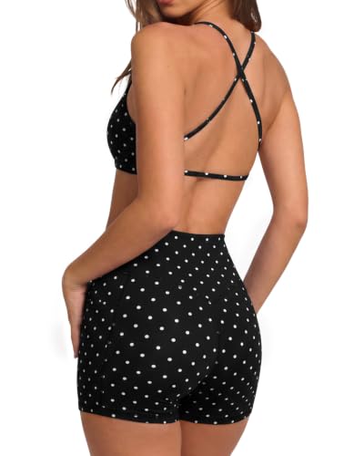 SUUKSESS Women's 2-Piece Workout Set Polka Dots Black Large Sports Bra & Biker Shorts