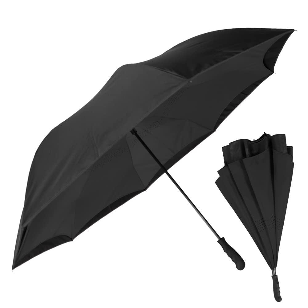 The Grand Inversa 58" Large Reverse Upside Down Windproof Inverted Golf Umbrella, Double Canopy Reversible Stick Umbrella for Rain, Waterproof Lightweight Golf Umbrella for Men & Women - Black