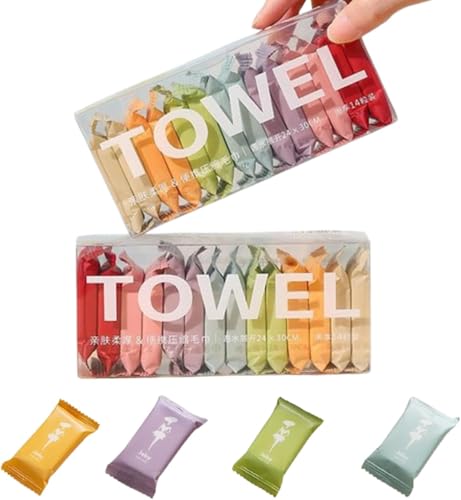 14 Pack Compressed Towels - Portable Mini Hand Wipes, Multicolor