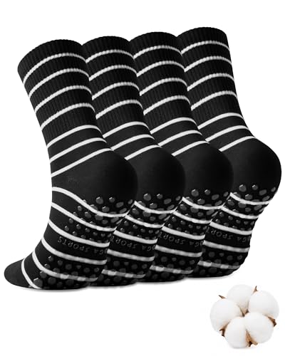 Pilates Socks with Grips for Women - 4 Pairs Non-Slip Yoga Crew - Black