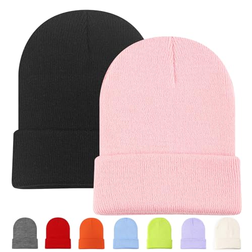 Winter Knitted Beanie Hat - Soft, Elastic, One Size - Black + Pink