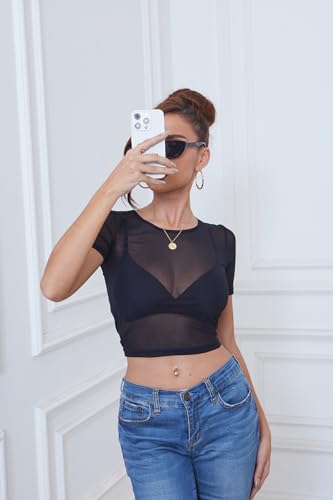 Sheer Mesh Crop Top - Women’s See-Through T-Shirt - Small Black