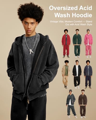 BlissBuggy Men's Acid Wash Black Oversized Zip Up Hoodie Small Heavyweight Cotton Fleece Vintage Sweatshirt