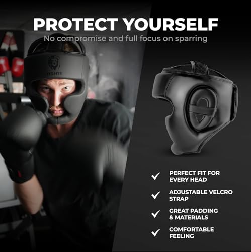FIGHTR All Black MMA Boxing Headgear with Best Fit, Adjustable for Sparring & Martial Arts
