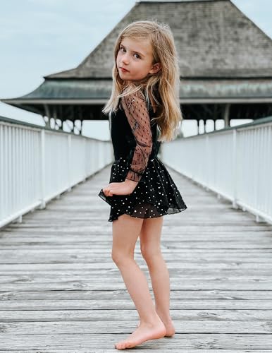 Gymnastics Ballet Leotard for Girls - Mesh Puff Long Sleeve - Black, 4-5T