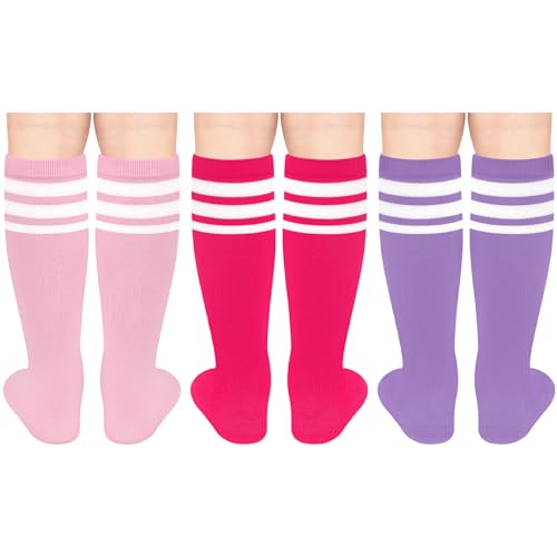 Toddler Soccer & Baseball Socks - 3 Pack for Ages 3-6 - Purple, White & Pink, White & Rose
