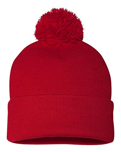 Red Knit Beanie with Pom-Pom - 12-Inch Cuffed Winter Hat