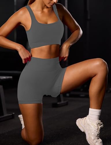 High Waist Biker Shorts for Women - Seamless Ribbed - Grey, Small