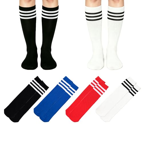 LPMOERA Toddler Soccer Socks 4 Pairs Knee High Athletic Socks for Boys Girls, 7-11 Years, Black White Blue Red