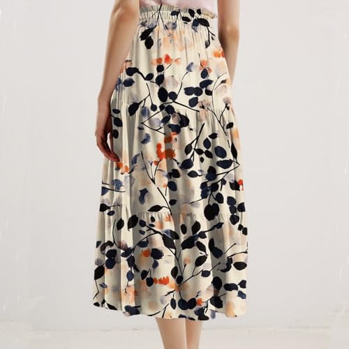 Womens Boho Floral Print Midi Skirt - Pleated A-Line - Beige Small
