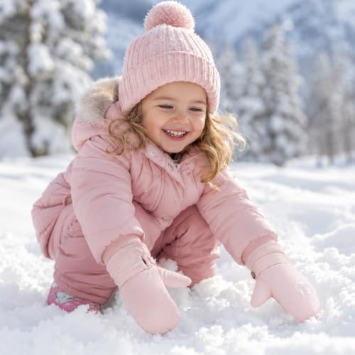 Kids Winter Ski Mittens - Warm, Water-Resistant Velvet - Pink, Medium