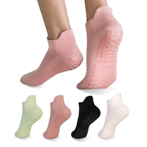 Non-Slip Pilates Grip Socks for Women - 4 Pairs Black/White/Pink/Green