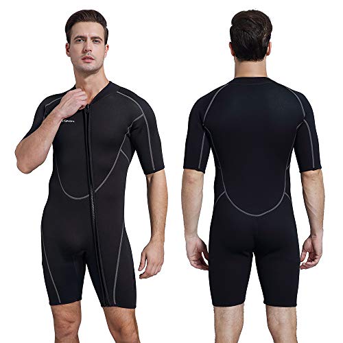 Men's 3mm Shorty Wetsuit - Full Body Front Zip for Diving, Snorkeling, Kayaking - Large