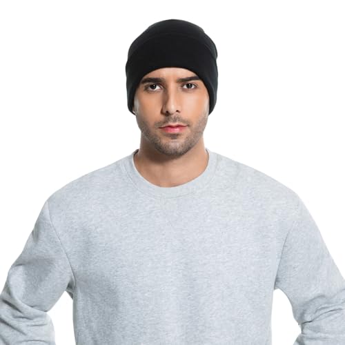 Warm Windproof Black Cuffed Beanie - Thick Knitted Skull Cap