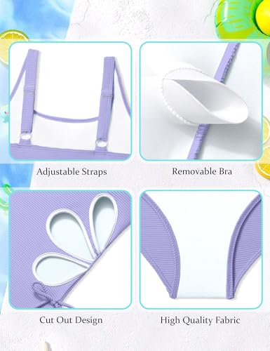 Girls Solid Color Cut Out One Piece Swimsuit with Chest Pad - Lavender, 13-14 Years