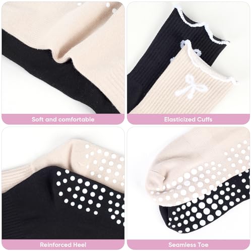 Pilates Grip Socks for Women - 4 Pairs with Bow & Hearts - Black, Off-White, Brown, Coffee