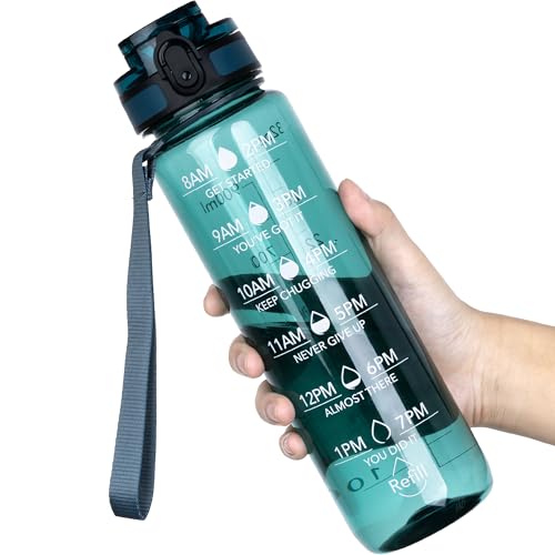 OLDLEY 32oz Deep Sea Water Bottle with Time Marker - Motivational Sports Flask