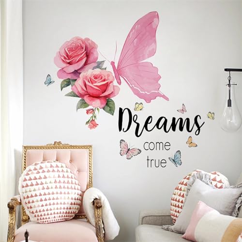 Pink Rose Butterfly Inspirational Quotes Wall Stickers, sacinora DIY Dreams Come True Wall Decals Removable Vinyl Peel and Stick for Living Room Bedroom Kids Baby Nursery Art Decorations