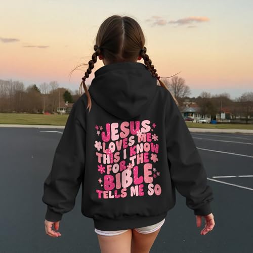 Girl's Christian Graphic Hoodie - God Jesus Loves Me - Black, 5-6 Years