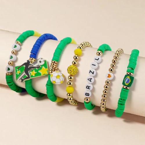 Soccer Bracelet for Women - Brazil Charm Beaded Stretch Bracelet