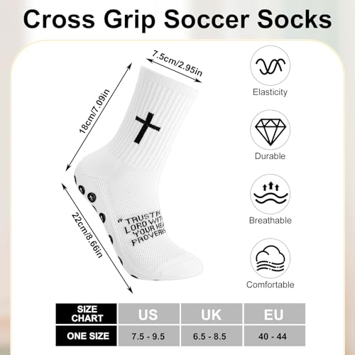 White 3:5 / 4 Christian Bible Verse Cross Print Socks - 4 Pairs, Anti-Slip Grip