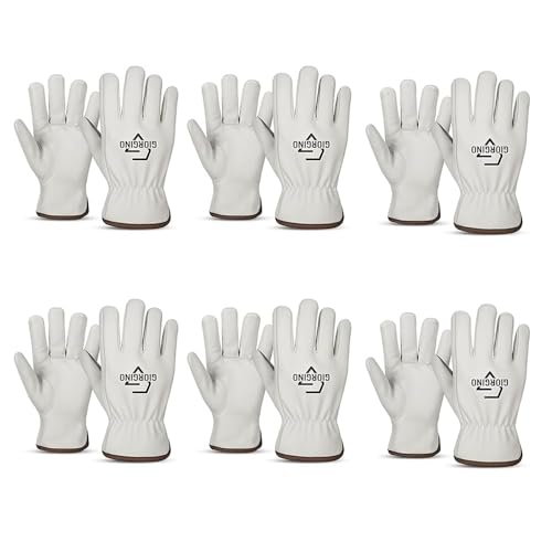 Giorgino Leather Work Gloves Men Pack of 6 Heavy Duty Cowhide Driver Gloves Safety Work Gloves for Gardening & Construction