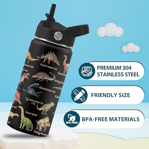 FAIVHSO Dinosaur Water Bottle with Straw Lid, 16 oz Insulated Stainless Steel Kids Gift