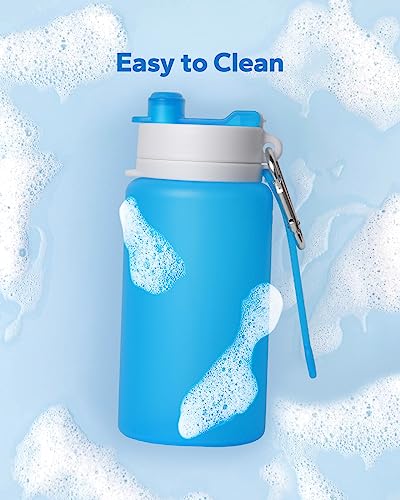 Collapsible Silicone Water Bottle - 20oz Portable Foldable Sport Bottle - Blue